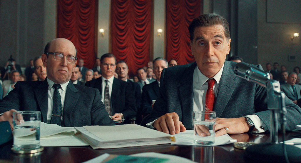 In a customarily showy yet hugely enjoyable performance, Al Pacino plays doomed (one assumes) Teamsters boss Jimmy Hoffa. (Netflix)
