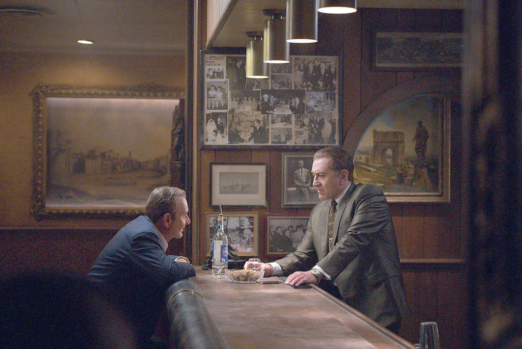 “The Irishman” abounds with carefully crafted scenes, such as this one with Joe Pesci (left) and Robert De Niro. (Netflix)
