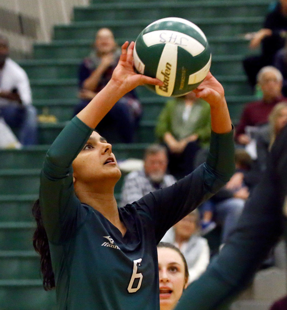 Jackson’s Esha Mahal passes against North Creek Tuesday evening at Henry M. Jackson High School Mill Creek on November 12, 2019. North Creek won in straight sets. (Kevin Clark / The Herald)
