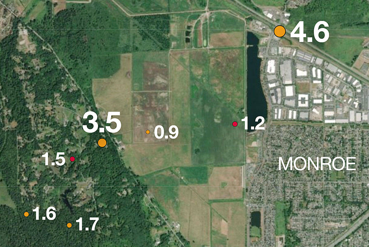 An aerial photo shows the locations of two earthquakes and five aftershocks in and near Monroe, which rattled the Puget Sound region on July 12. The first was the magnitude 4.6 quake at upper right, 13 miles under the intersection of U.S. 2 and Fryelands Boulevard SE at 2:51 a.m. The second, magnitude 3.5, occurred 18 miles under the Old Snohomish-Monroe Road at 2:53 a.m. The aftershocks followed during the ensuing two hours. This image depicts an area about 3 miles wide. (Herald staff and the Pacific Northwest Seismic Network)