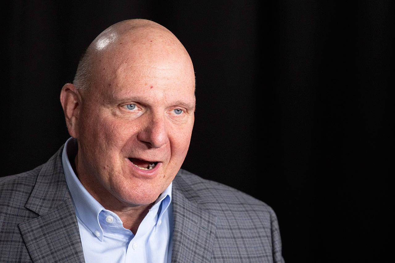 Steve Ballmer, founder of USA Facts, talks during an interview Thursday in New York. A new poll from The Associated Press-NORC Center for Public Affairs Research and USA Facts finds that regardless of political belief, many Americans say they have a hard time figuring out if information is true. (AP Photo/Mark Lennihan)