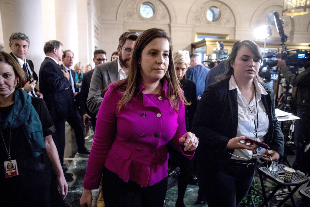 Rep. Elise Stefanik, R-N.Y., departs after speaking to members of the media following testimony from former U.S. Ambassador to Ukraine Marie Yovanovitch before the House Intelligence Committee on Capitol Hill in Washington on Friday. (AP Photo/Andrew Harnik)
