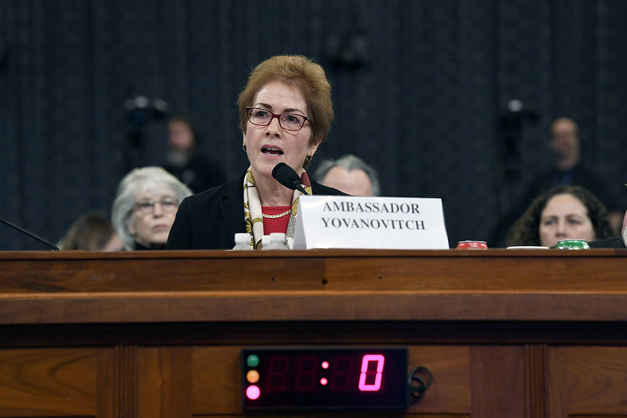 Former U.S. Ambassador to Ukraine Marie Yovanovitch testifies before the House Intelligence Committee on Capitol Hill in Washington on Friday. (AP Photo/Susan Walsh)