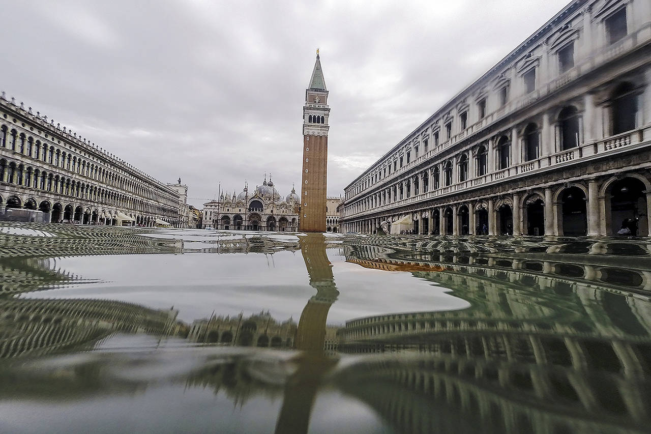 A flooded St. Mark’s Square in Venice, Italy, on Friday. (AP Photo/Luca Bruno)