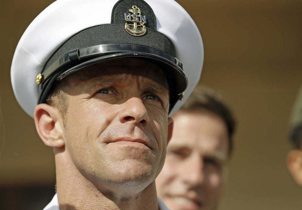In this July 2 photo, Navy Special Operations Chief Edward Gallagher leaves a military court on Naval Base San Diego. (AP Photo/Gregory Bull, File)
