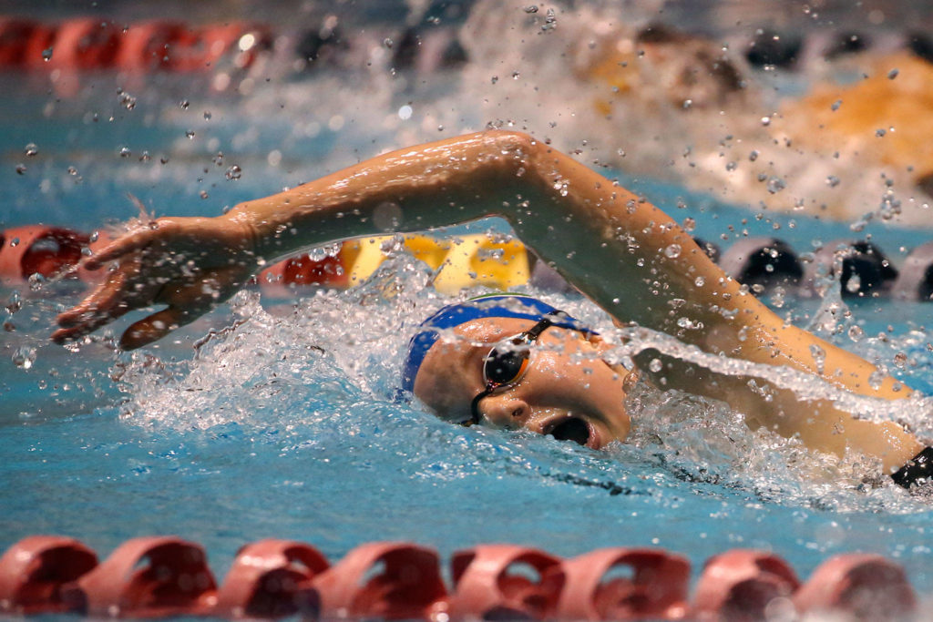 Shorewood’s Grace Lindberg finishes second with 1:51.51 Saturday evening during the 3A Girls Swim & Dive Championship at King County Aquatics Center in Federal Way on November 16, 2019. (Kevin Clark / The Herald)
