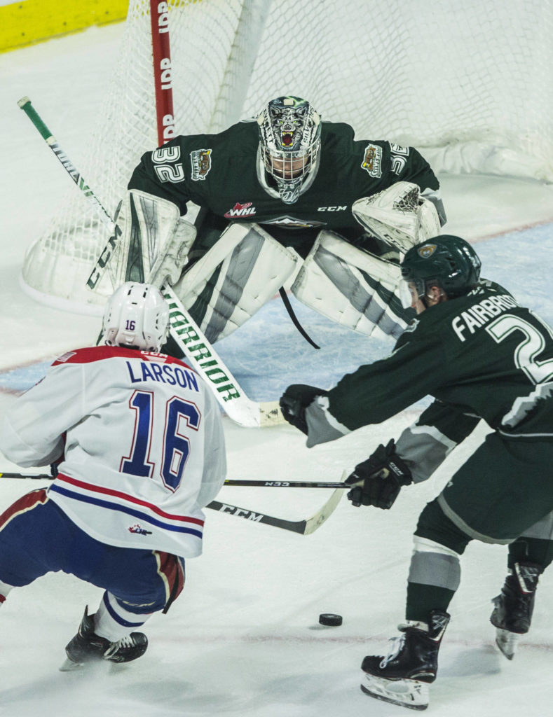 Silvertips’ goalie Dustin Wolf prepares to block a shot during the game against the Spokane Chiefs on Nov. 17, 2019 in Everett, Wash. (Olivia Vanni / The Herald)
