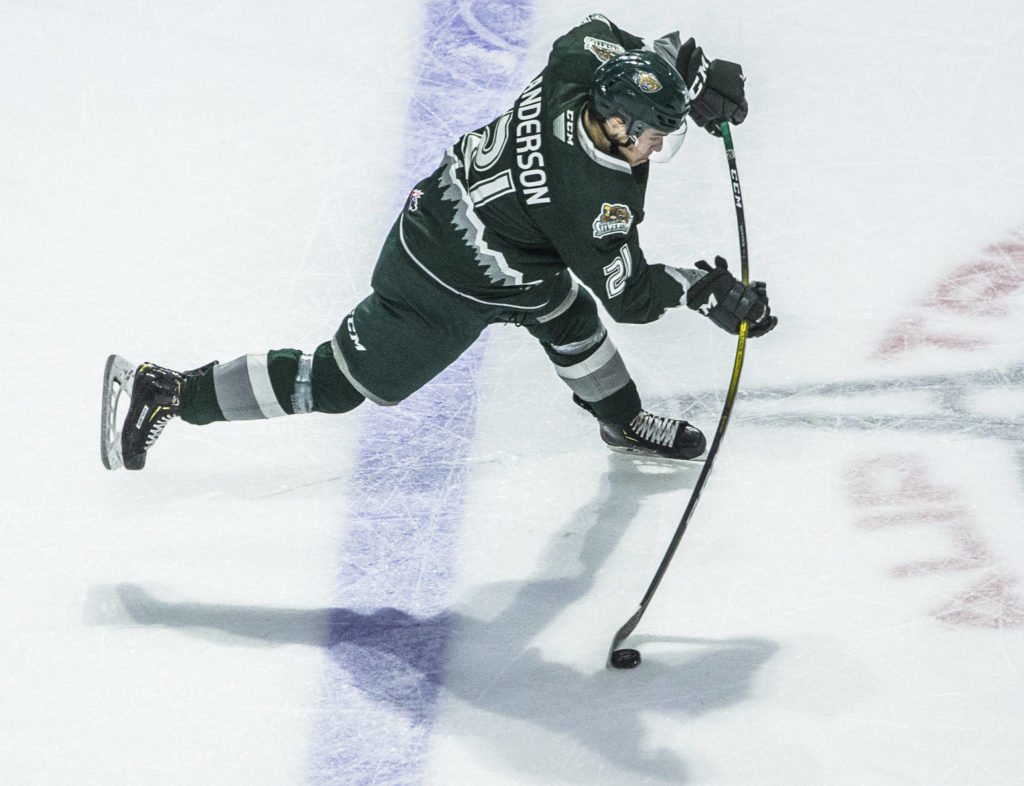 Silvertips’ Dylan Anderson takes a shot during the game against the Spokane Chiefs on Nov. 17, 2019 in Everett, Wash. (Olivia Vanni / The Herald)
