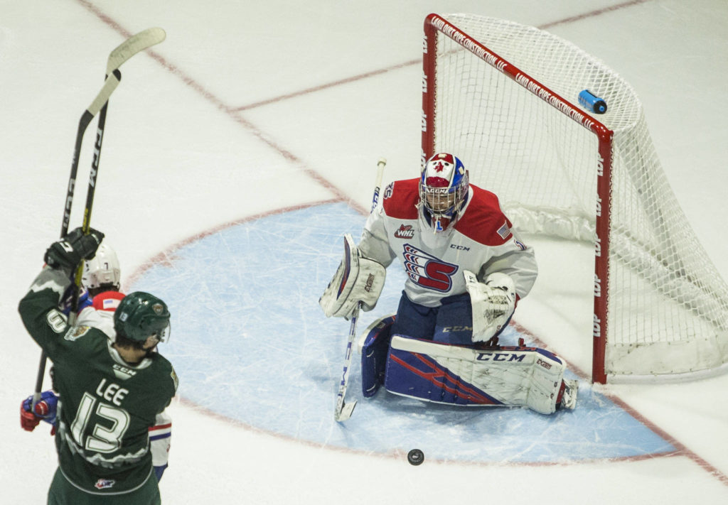Spokane’s goalie Campbell Arnold blocks a shot during the game against the Spokane Chiefs on Nov. 17, 2019 in Everett, Wash. (Olivia Vanni / The Herald)
