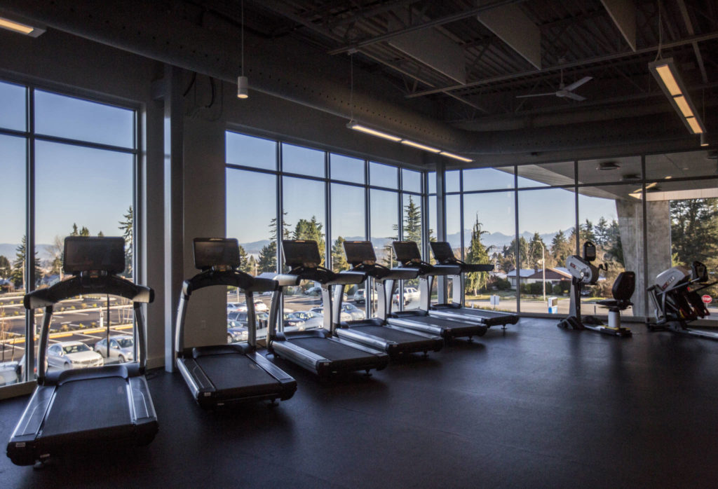 A view of the Cascade Range seen from the second level gym at the new Everett YMCA (Olivia Vanni / The Herald)
