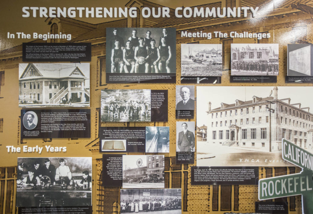 A wall of Everett history at the city’s new YMCA (Olivia Vanni / The Herald)
