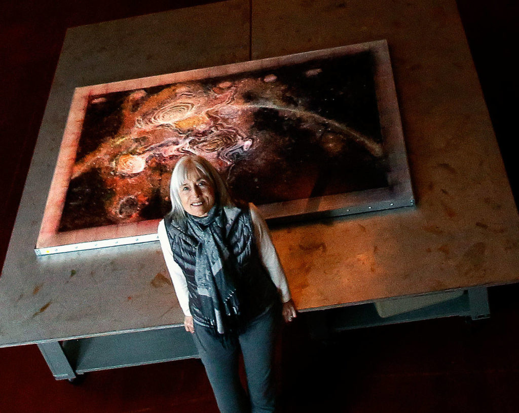 Karen Guzak, former Snohomish mayor, at her home and art studio in 2016. Guzak will be honored with the local RESULTS group’s Seeds of Hope Award Saturday. (Dan Bates / The Herald)
