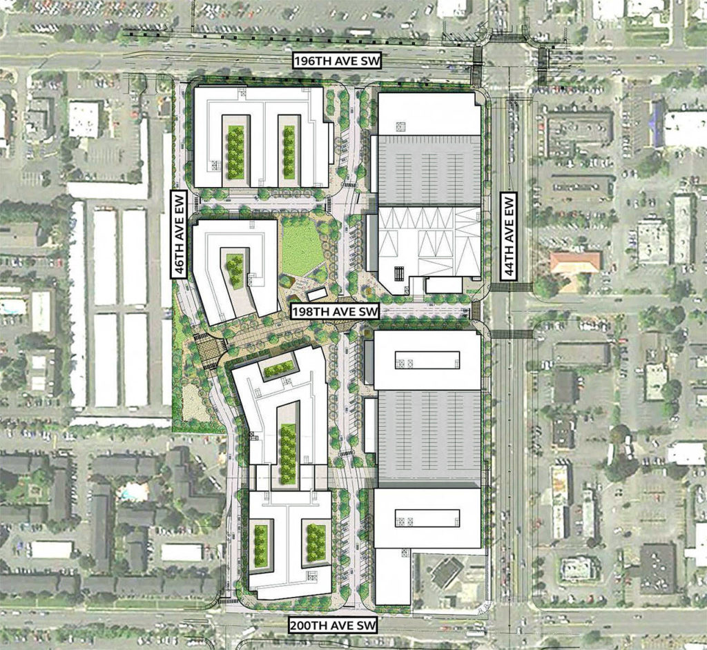 A site map of the proposed Northline Village development in Lynnwood. It is just north of the planned Sound Transit Link light rail station. (Merlone Geier Partners) 
