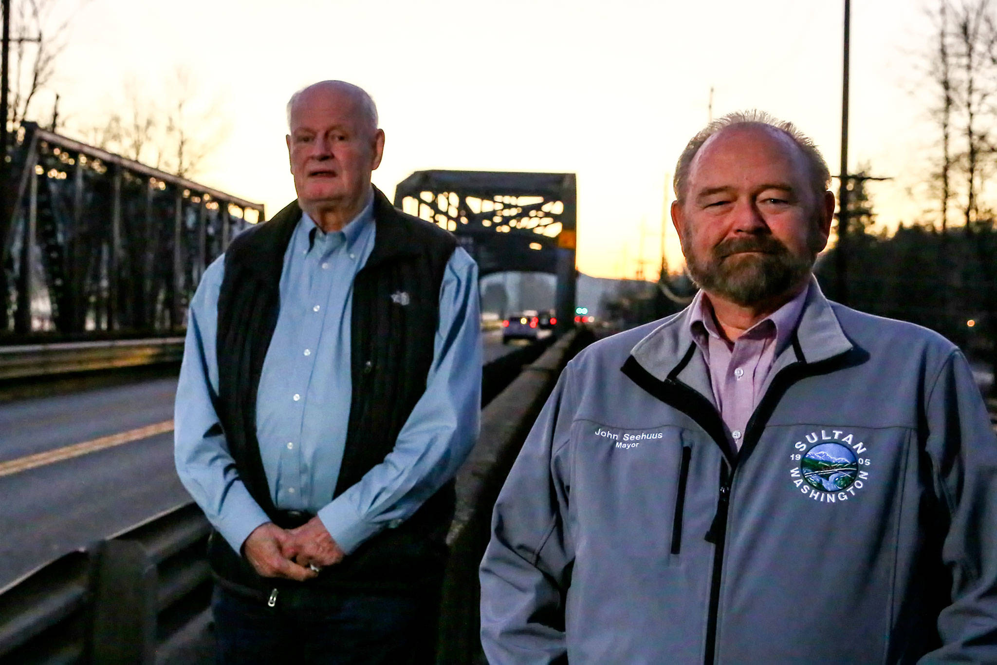 Fred Walser and John Seehus have been working way to improve traffic and safety along U.S. 2 in Sultan for more than 20 years. (Kevin Clark / The Herald)