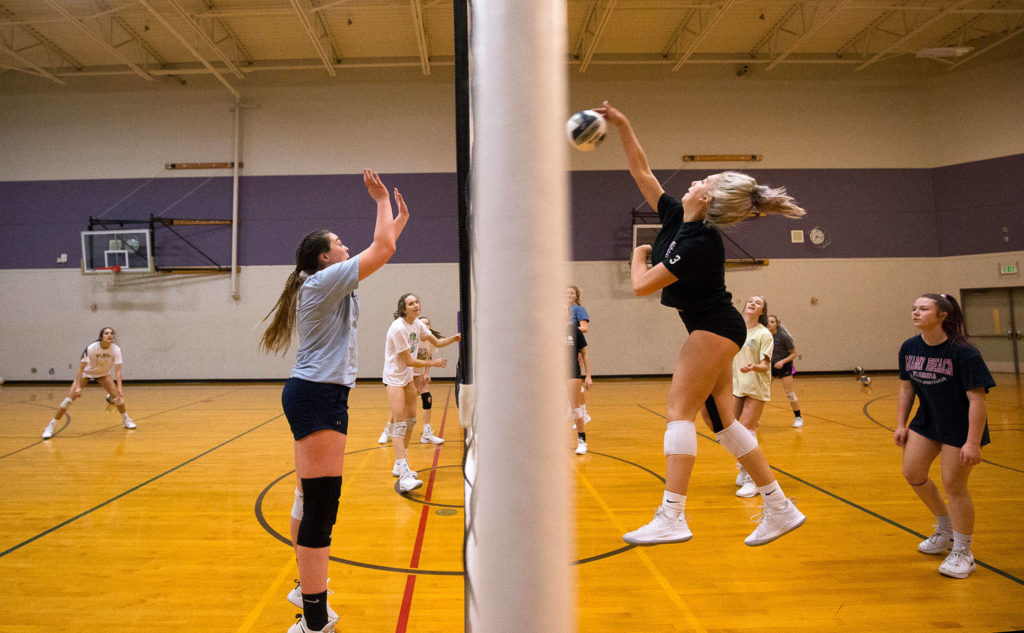 Samaya Morin spikes the ball as the Lake Stevens volleyball team holds its last practice Wednesday before heading to the Class 4A state playoffs. (Andy Bronson / The Herald)
