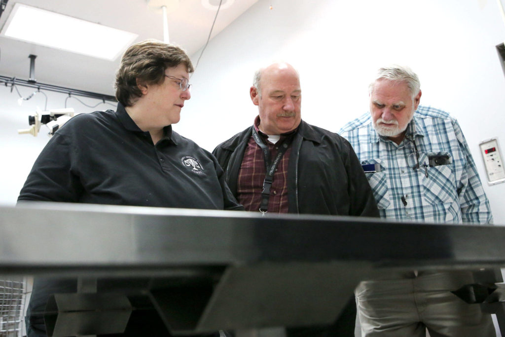 Kathy Taylor, a forensic anthropologist with the King County Medical Examiner’s Office (left), detective Jim Scharf of the Snohomish County Sheriff’s Office (center) and mental health professional Chuck Wright look over bones on a table Nov. 13, 2018, at the Snohomish County Medical Examiner’s Office. (Kevin Clark / Herald file)
