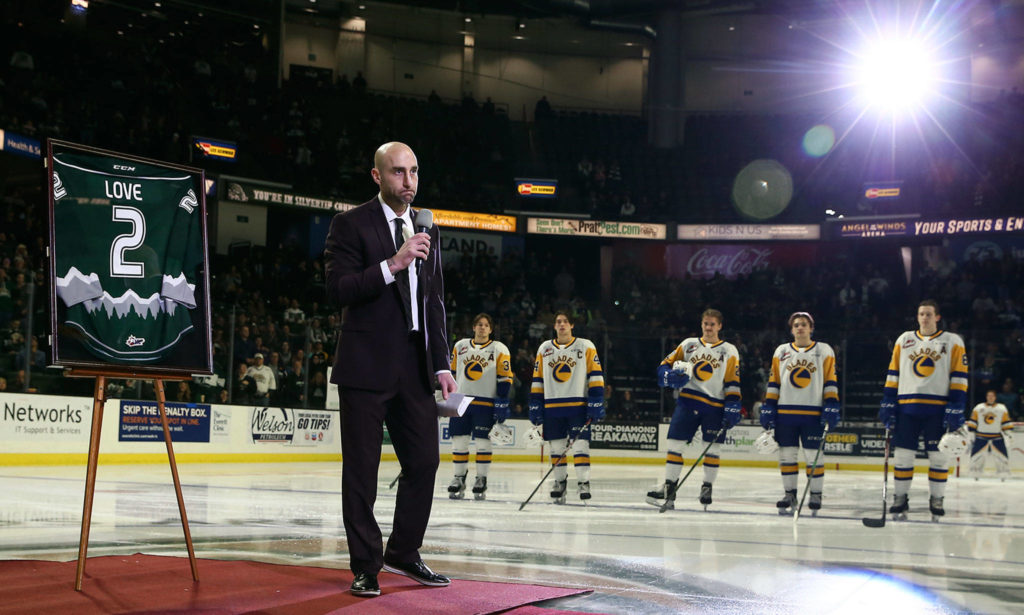 Mitch Love, former Silvertip and current Saskatoon head coach, speaks during a pregame ceremony in his honor on Friday at Angel of the Wind Arena. (Kevin Clark / The Herald)
