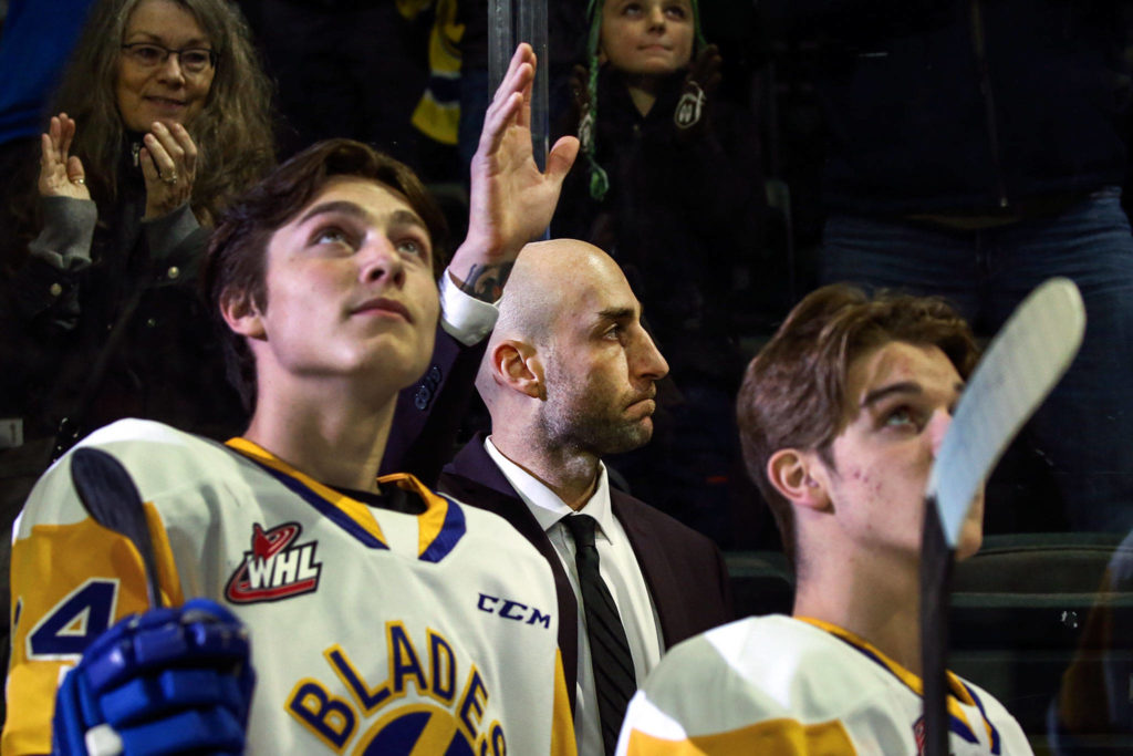 Mitch Love, former Silvertip and current Saskatoon Blades’ head coach, waves as his jersey is retired Friday evening at Angel of the Winds Arena in Everett on November 22, 2019. (Kevin Clark / The Herald)
