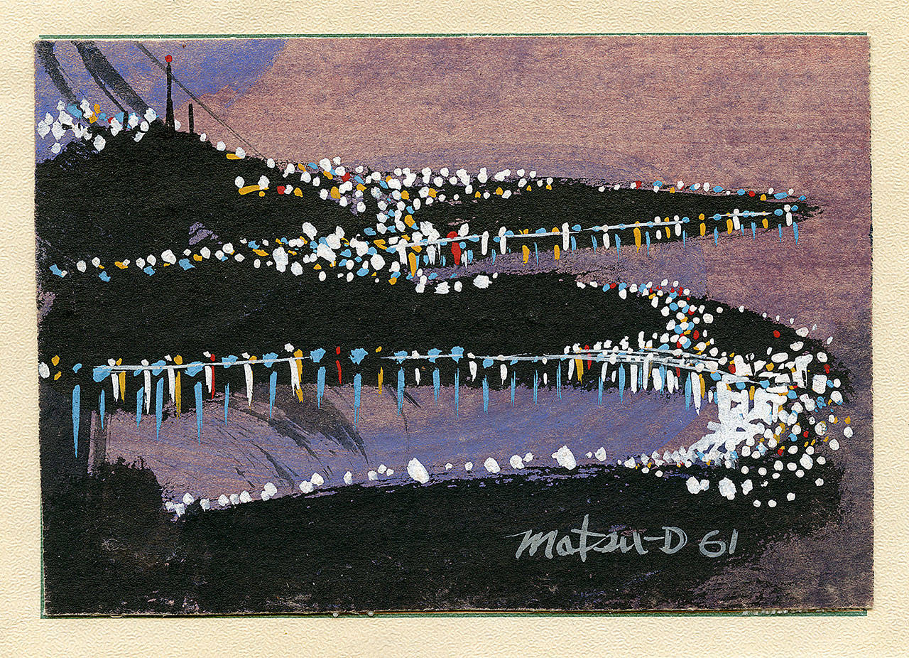 John Matsudaira’s “Nocturnal Landscape with City Lights,” his 1961 Christmas card. It’s one of the holiday cards by Northwest artists in an exhibit at Cascadia Art Museum in Edmonds.
