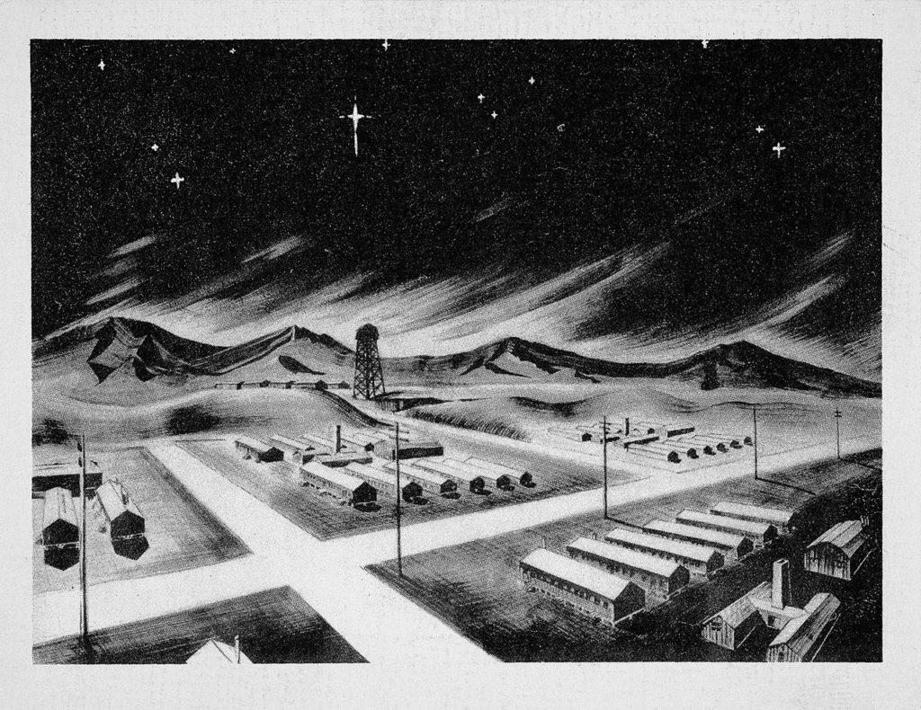 This Christmas card by Yukio Morinaga depicts the Minidoka Relocation Center where he was imprisoned during World War II.
