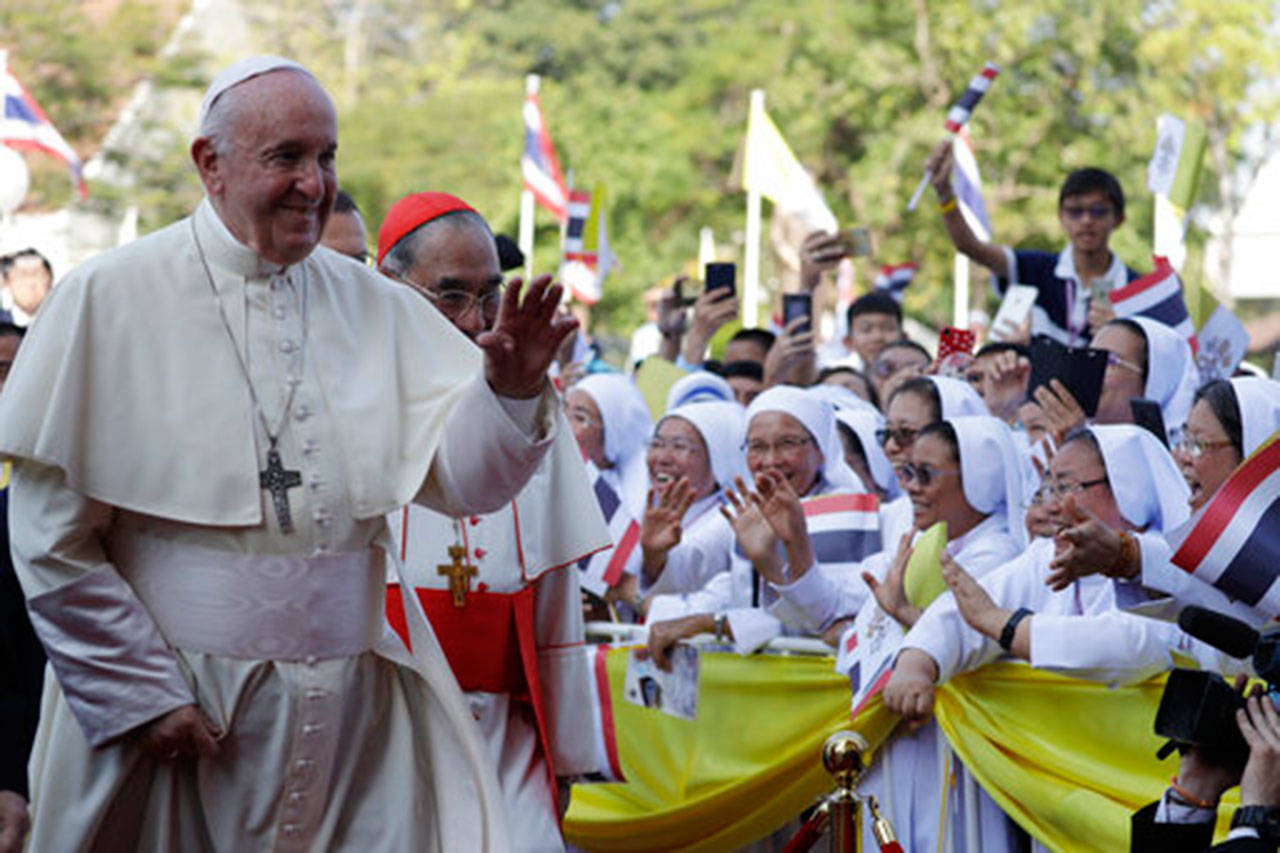 Pope Francis visits St. Peter’s Parish on Friday outside Bangkok, Thailand. (AP Photo/Gregorio Borgia)