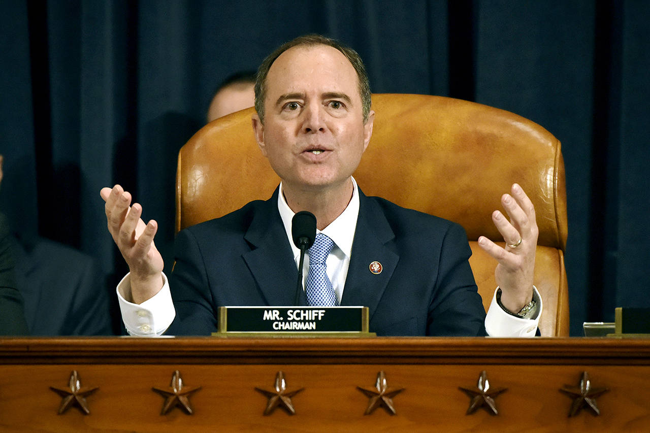 House Intelligence Committee Chairman Adam Schiff gives final remarks during a hearing where former White House national security aide Fiona Hill, and David Holmes, a U.S. diplomat in Ukraine, testified before the House Intelligence Committee on Capitol Hill in Washington on Thursday. (Bill O’Leary/Pool Photo via AP)