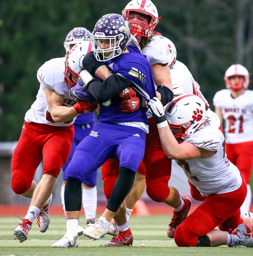 Lake Stevens’ Dallas Landeros is stood up on a rush attempt Saturday afternoon at Lake Stevens High School on November 23, 2019. Lake Stevens lost to Mount Si, 24-22, ending their state championship run. (Kevin Clark / The Herald)
