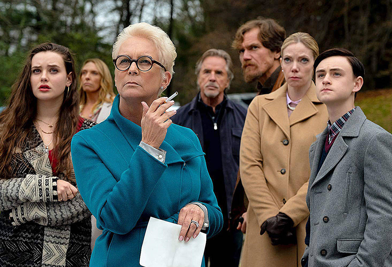Jamie Lee Curtis, Don Johnson, Toni Collette, Michael Shannon, Riki Lindhome, Jaeden Martell, and Katherine Langford in Knives Out (2019). (Lionsgate)