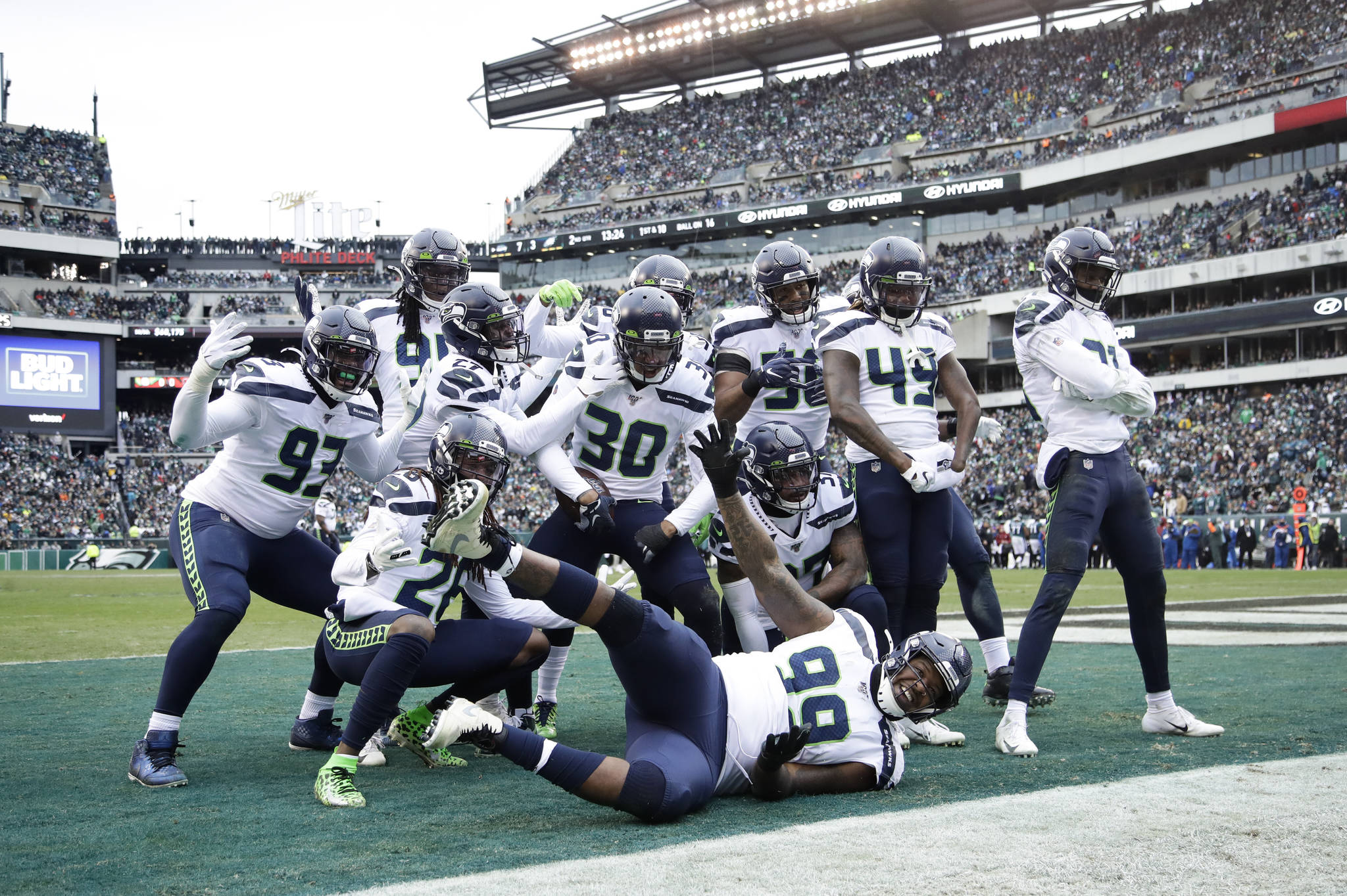 Seattle Seahawks safety Bradley McDougald (30) celebrates with teammates after intercepting a Philadelphia Eagles’ pass during the first half of Sunday’s game in Philadelpia. (AP Photo/Matt Rourke)