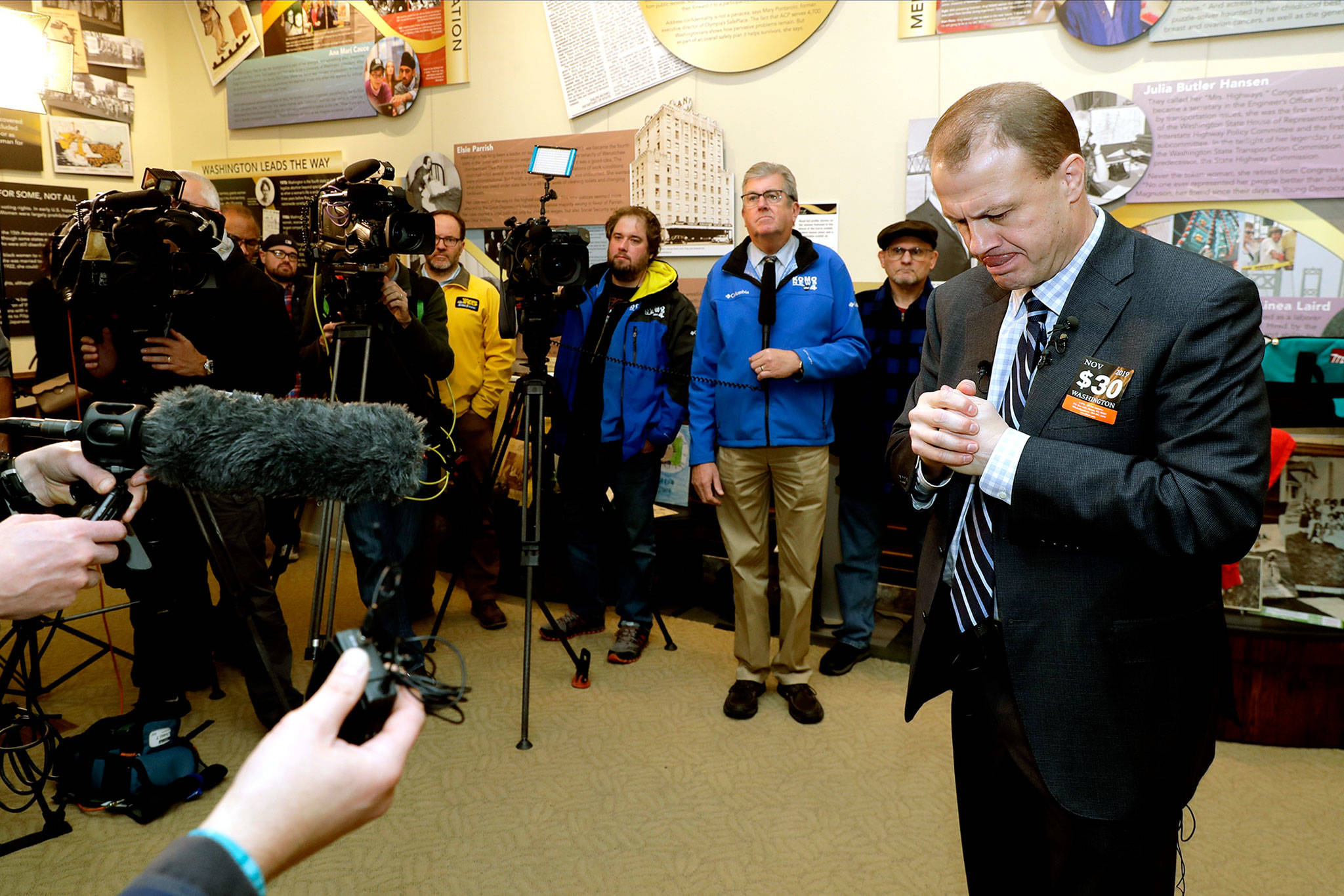 Tim Eyman, a career anti-tax initiative promoter, listens during a news conference Monday at the Capitol in Olympia, where he announced his entry into the 2020 governor’s race as an independent. (AP Photo/Ted S. Warren)