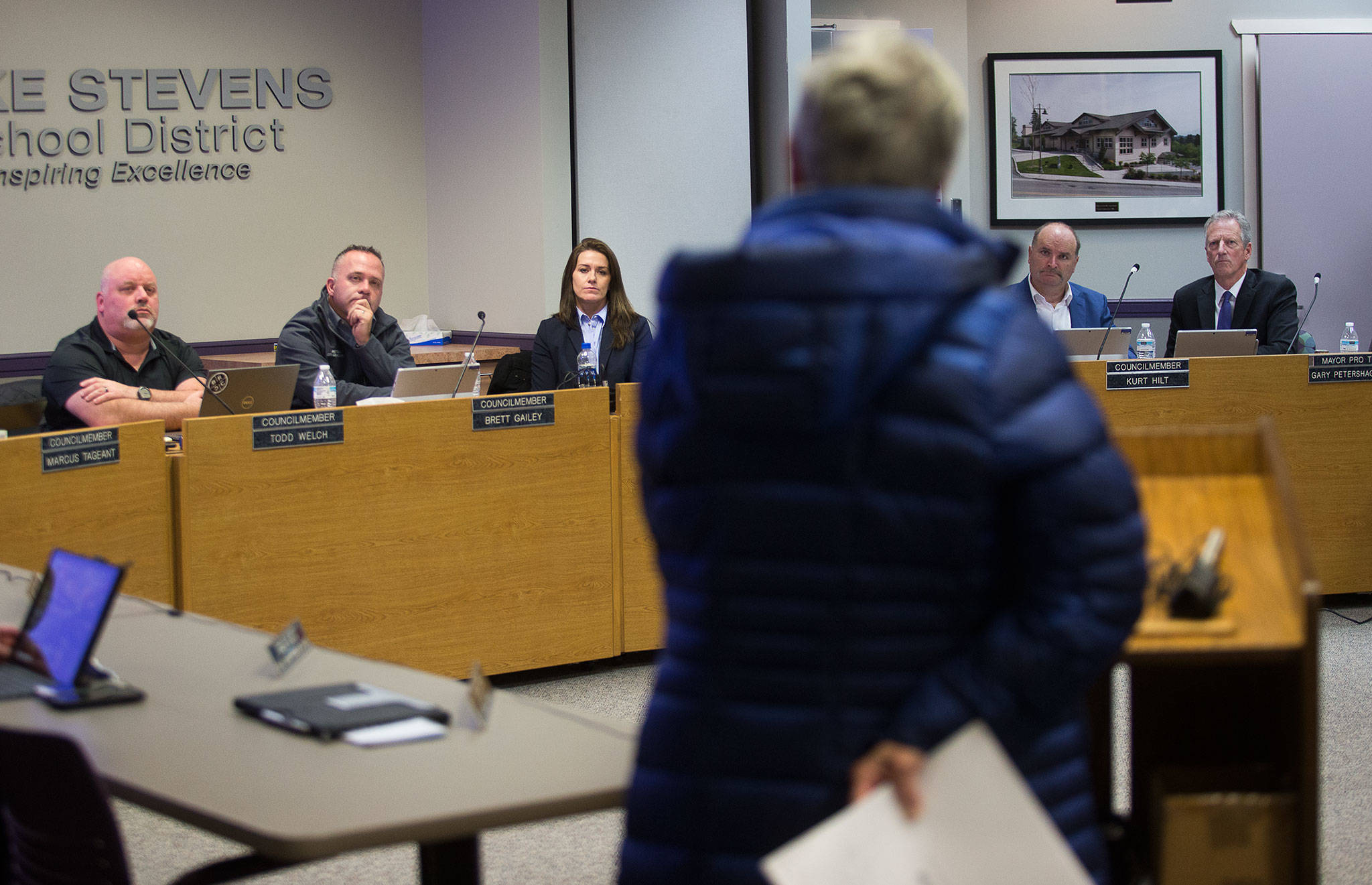 The Lake Stevens City Council listens to public comments about Costco potentially moving to town at a meeting on Tuesday night. (Andy Bronson / The Herald)