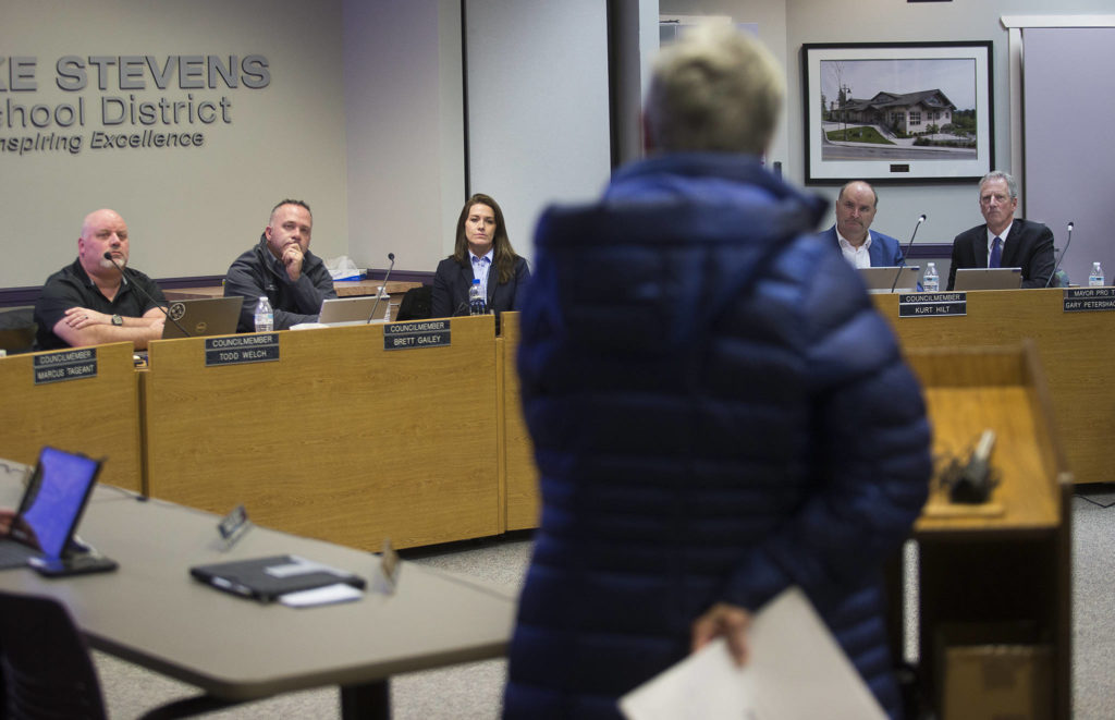The Lake Stevens City Council listens to public comments about Costco potentially moving to town at a meeting on Tuesday night. (Andy Bronson / The Herald)
