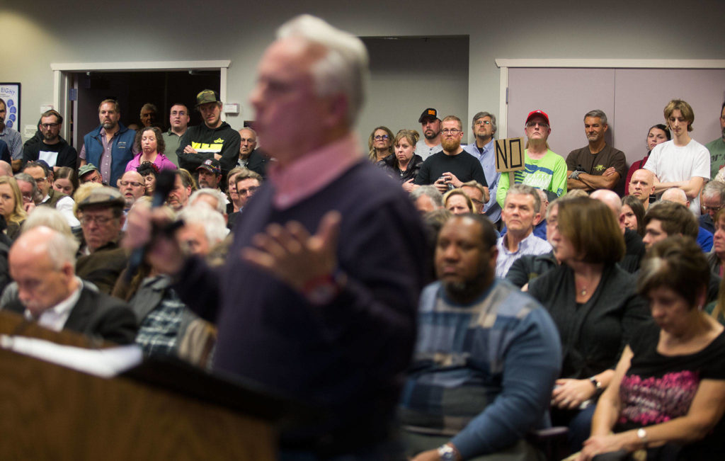 The Lake Stevens City Council listens to public comments about Costco potentially moving to town at a meeting Tuesday night. (Andy Bronson / The Herald)
