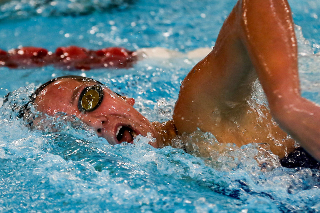 Kamiak’s Elli Straume competes is the 500 yard freestyle against Jackson Thursday afternoon at West Coast Aquatics in Mill Creek on October 24, 2019. (Kevin Clark / The Herald)
