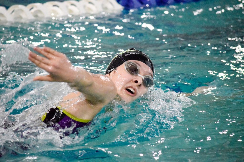 Lake Steven’s Parker Hoppe swims in the girls 500 yard freestyle of the 4A Girls Northwest District Championship on Nov. 9 at the Snohomish Aquatic Center. Parker won with a time of 5:25.86. (Katie Webber / The Herald)
