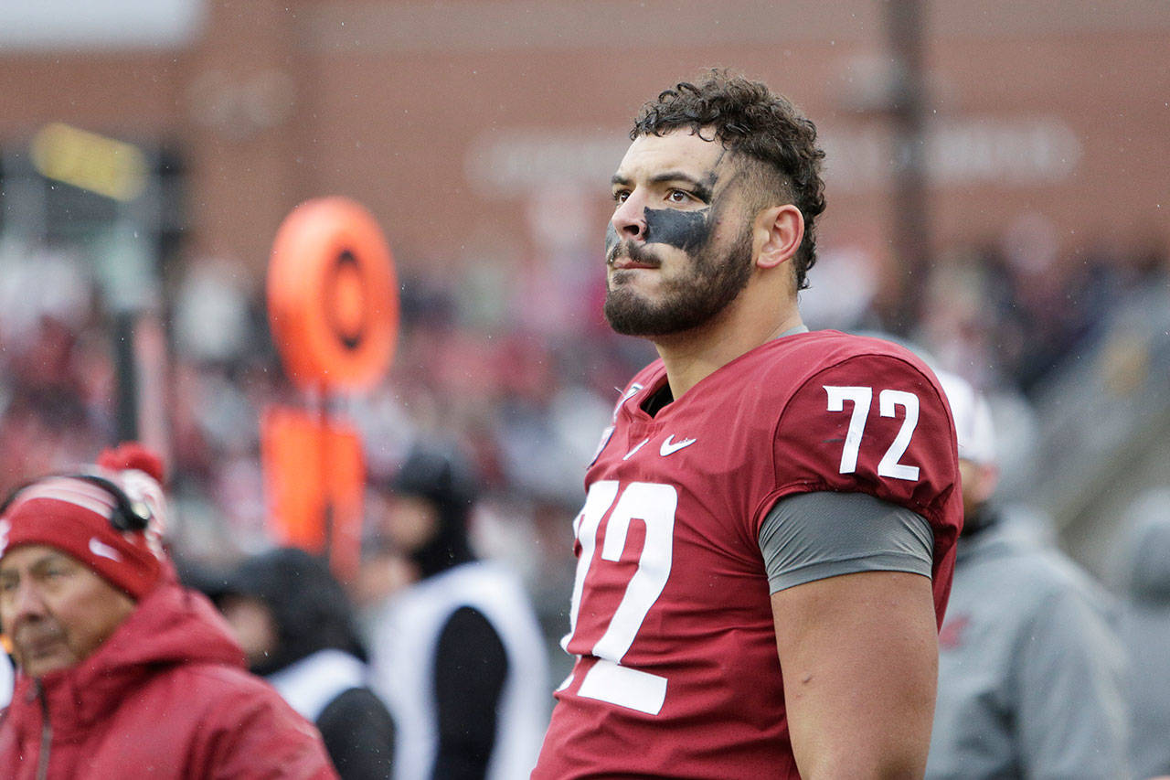 Washington State offensive lineman Abraham Lucas (72) looks on during the first half of the Cougars’ game against Colorado on Oct. 19 in Pullman. (AP Photo/Young Kwak)