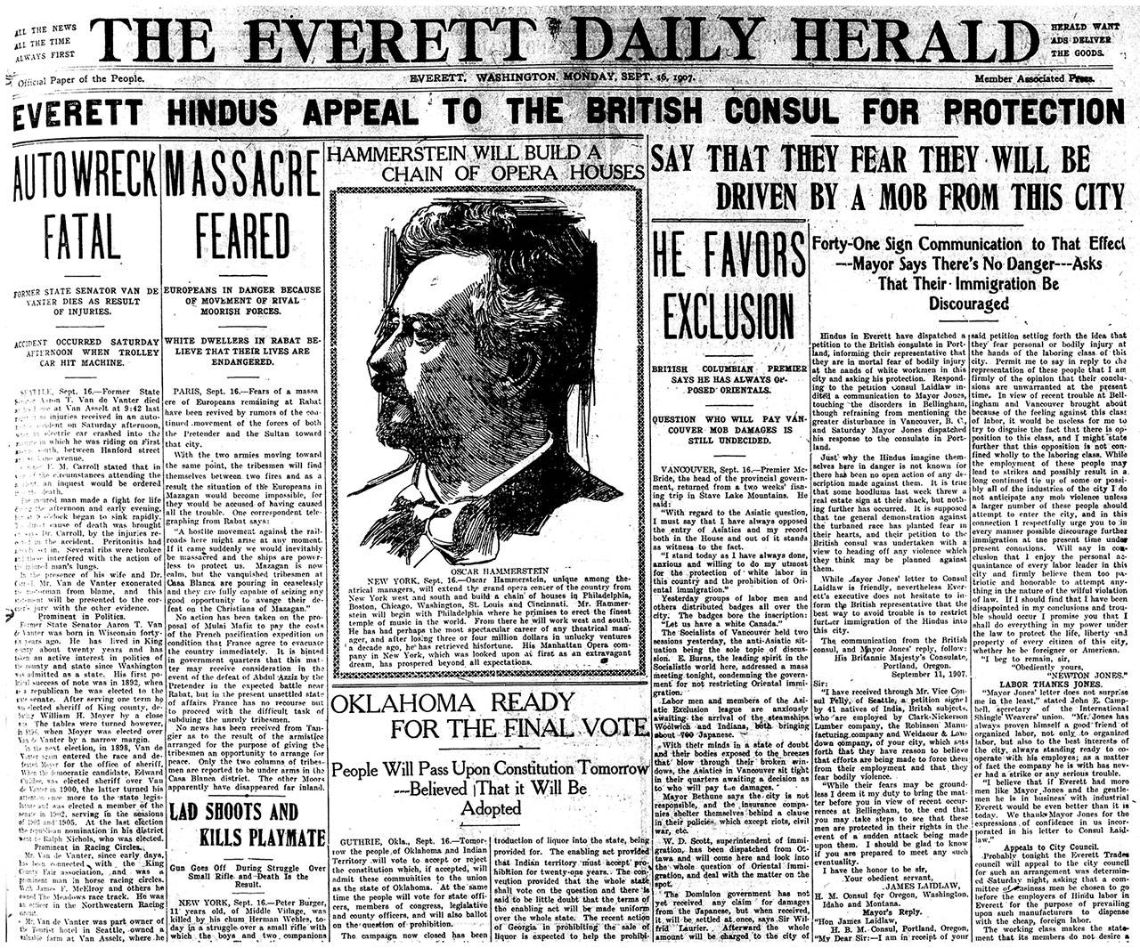 The front page of The Everett Daily Herald of Sept. 16, 1907. (Image courtesy of the Everett Public Library)