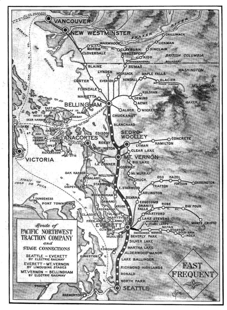 Map of the Pacific Northwest Traction Company routes that included the Interurban Railway between Seattle and Everett. (Everett Public Library)
