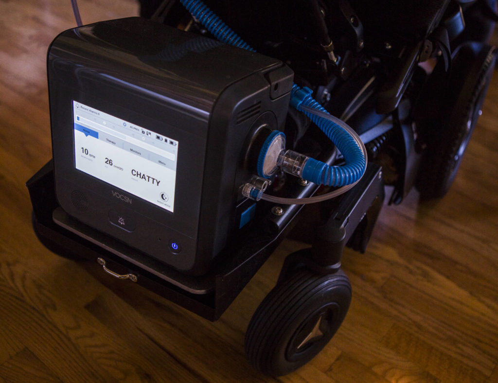 Loa Griesbach’s Ventec ventilator is set to “CHATTY” mode, which allows for more breaths while talking. (Olivia Vanni / The Herald)

