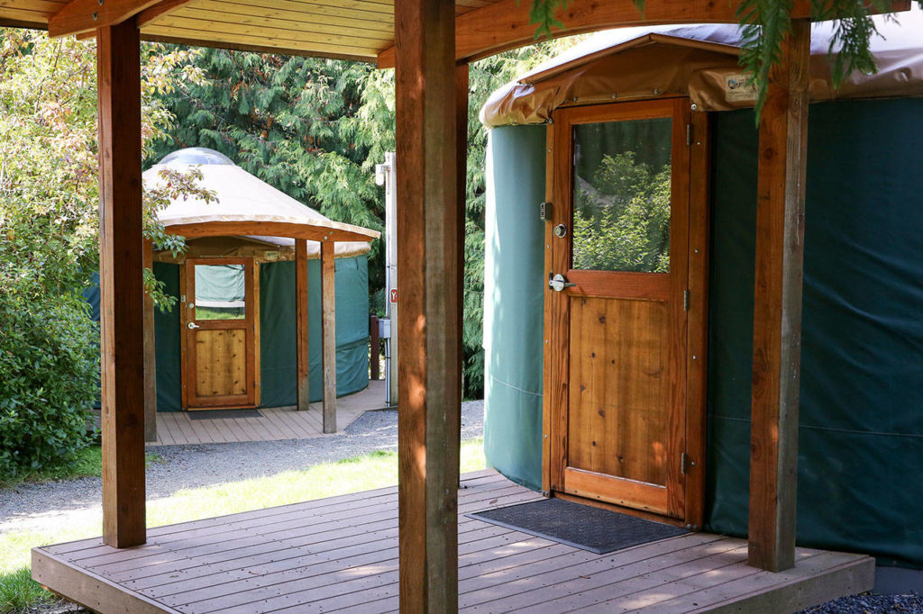 Yurts at Kayak Point County Park have hardwood floors, electricity, screened windows and skylights. (Kevin Clark / The Herald)
