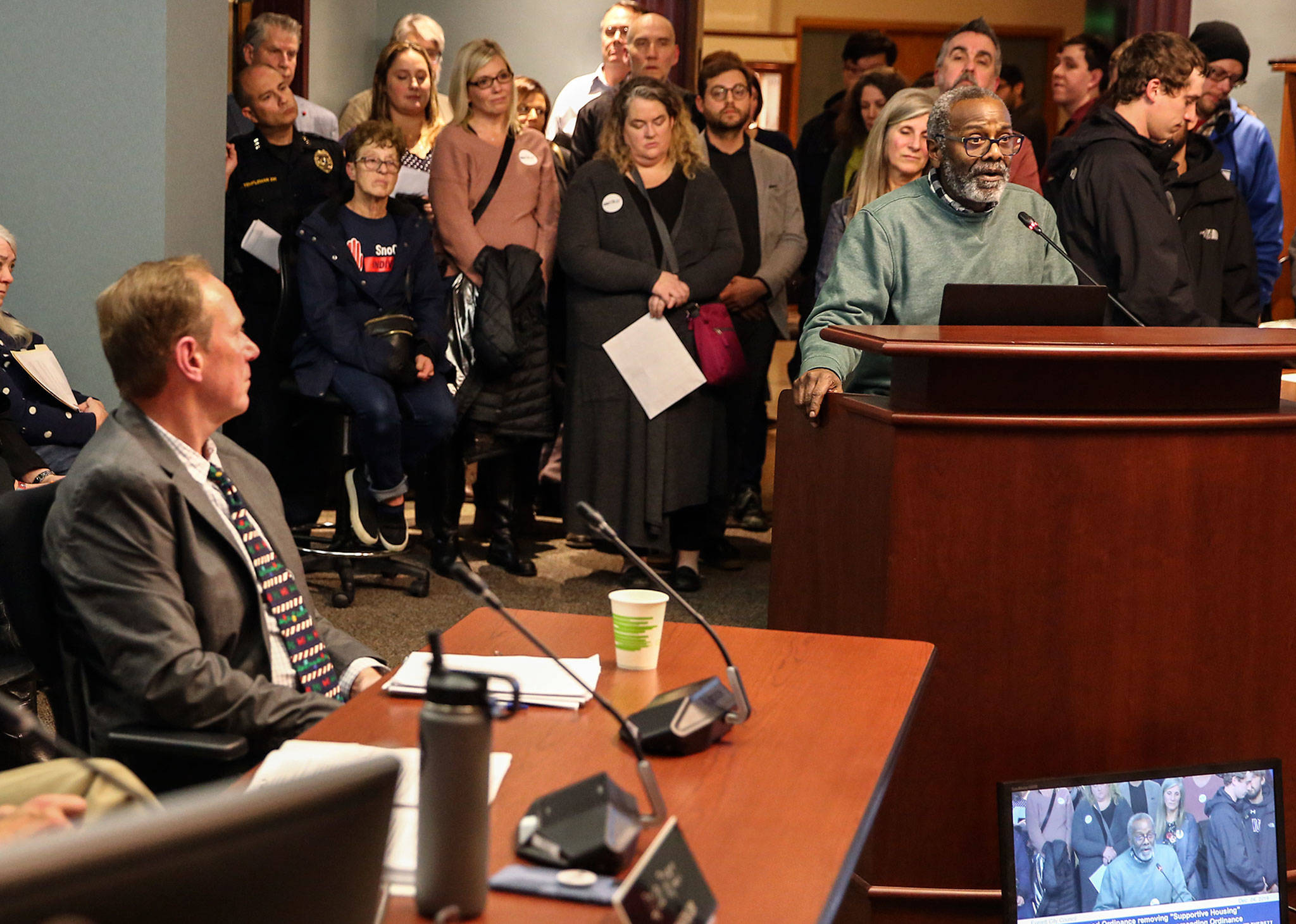 James Ivory addresses the city council Wednesday evening at Everett City Hall. (Kevin Clark / The Herald)