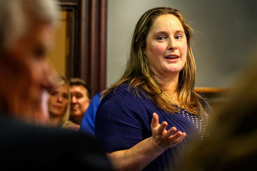 Lindsey Tungsluth addresses the council Wednesday evening at Everett City Hall. (Kevin Clark / The Herald)
