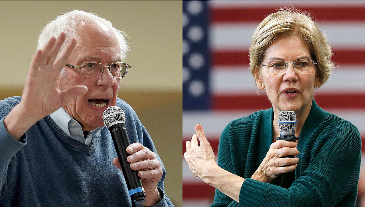 An impeachment trial in the Senate would pull Bernie Sanders and Elizabeth Warren off the campaign trail. (Associated Press)