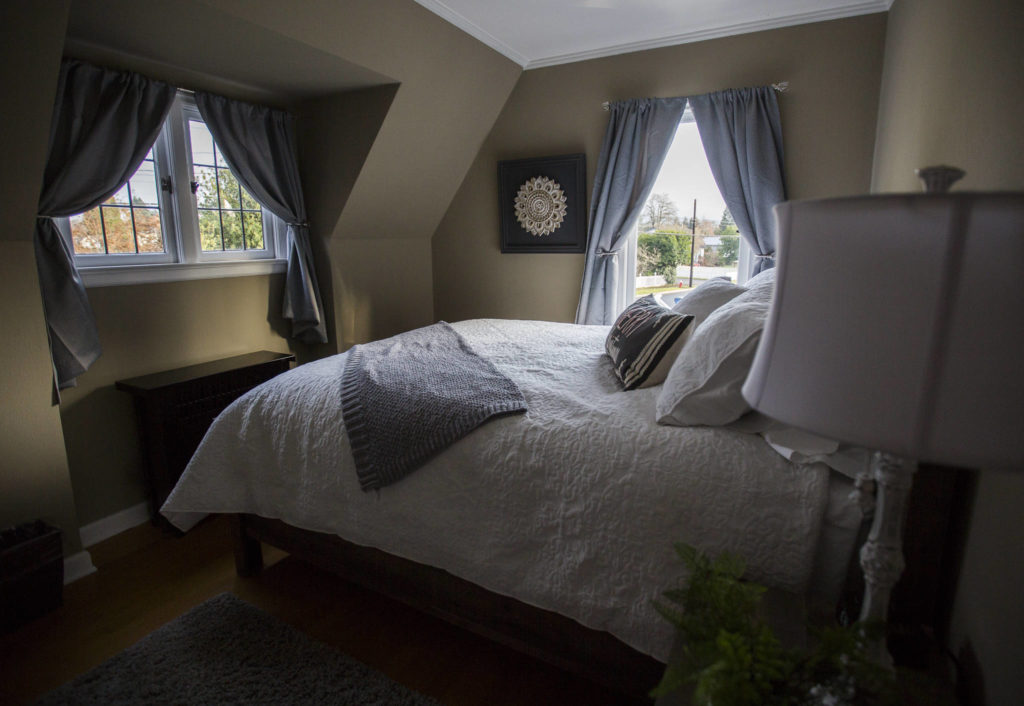 One of two bedrooms offered in the 604 Main Street VRBO in Monroe. (Olivia Vanni / The Herald)
