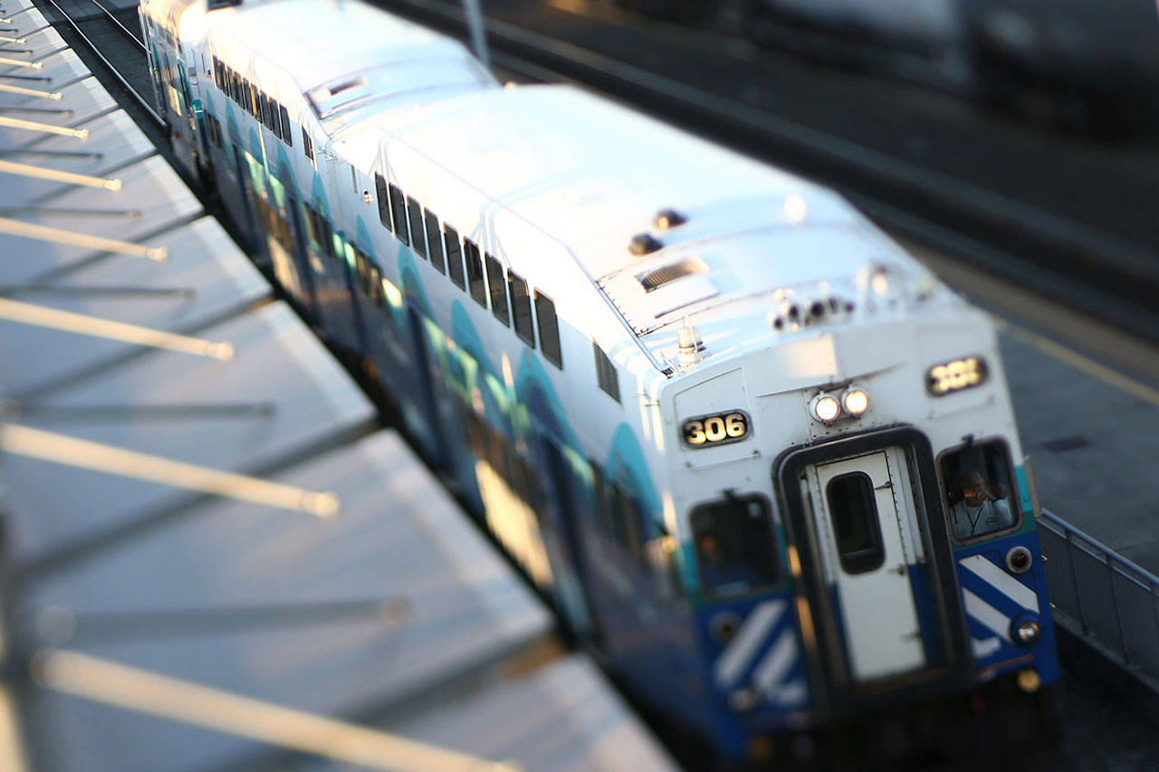 A Sounder commuter train is seen at Everett Station on October 9. (Kevin Clark / Herald file)