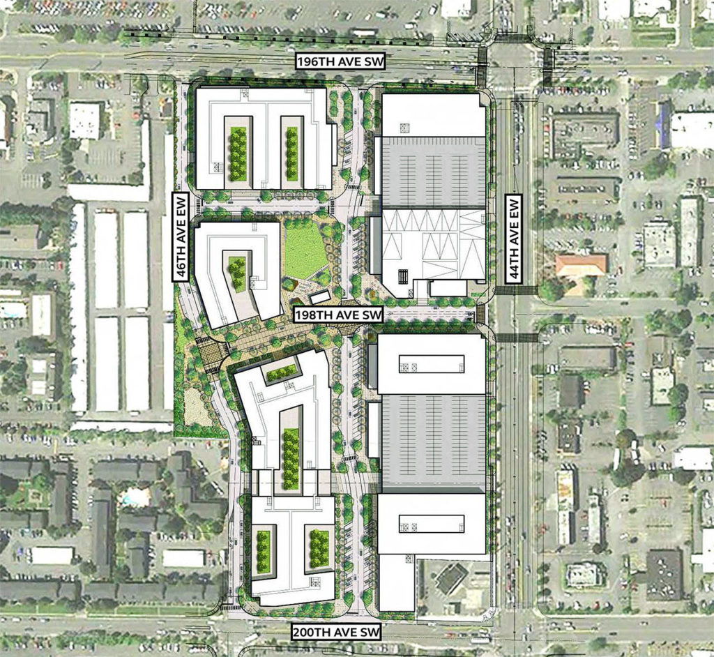 A site map of the proposed Northline Village development in Lynnwood. It is just north of the planned Sound Transit Link light rail station. (Merlone Geier Partners)
