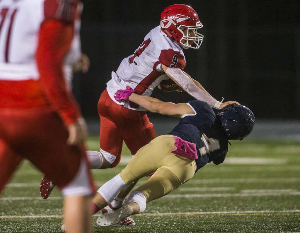 Jordan Justice helped lead a high-powered Marysville Pilchuck rushing attack. (Olivia Vanni / The Herald)

