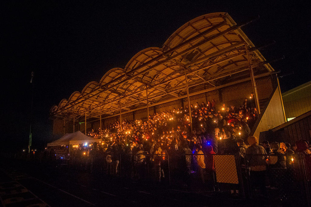 Hundreds gathered at Spartan Stadium in Forks to mourn Tristen Pisani on Thursday. (Jesse Major / Peninsula Daily News)
