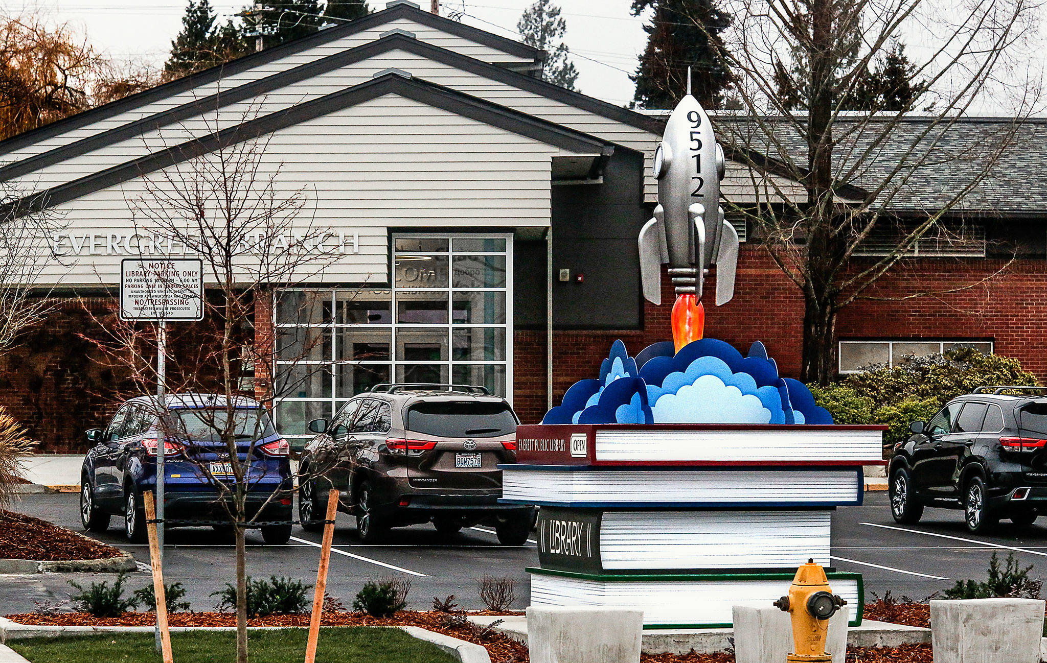 The Evergreen Branch of the Everett Public Library is open and ready for blast off. Dillon Works, of Mukilteo, designed this eye-catching sculpture that greets people along Evergreen Way. (Dan Bates / The Herald)