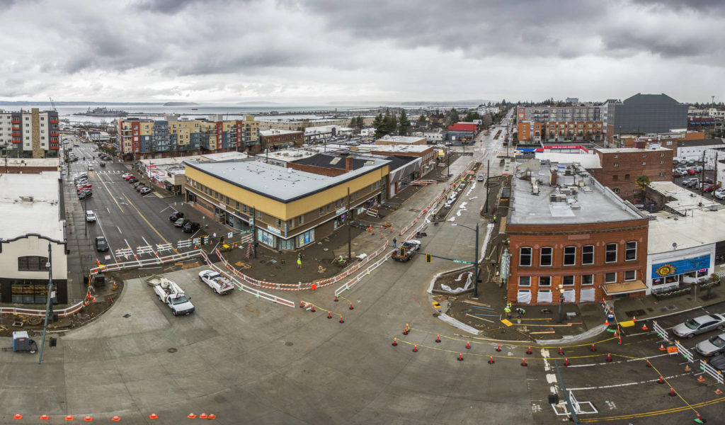 A panoramic (set of stitched images) view of the Rucker Renewal Project construction along the intersection of Hewitt and Rucker avenues. (Olivia Vanni / The Herald)
